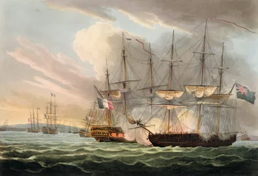 Destruição da Frota Francesa em Estradas Bascas, 12 de abril de 1809, de "As Realizações Navais da Grã-Bretanha" por James Jenkins, gravada por Thomas Sutherland (bc1785), publicada em 1817 (colunata à mão)